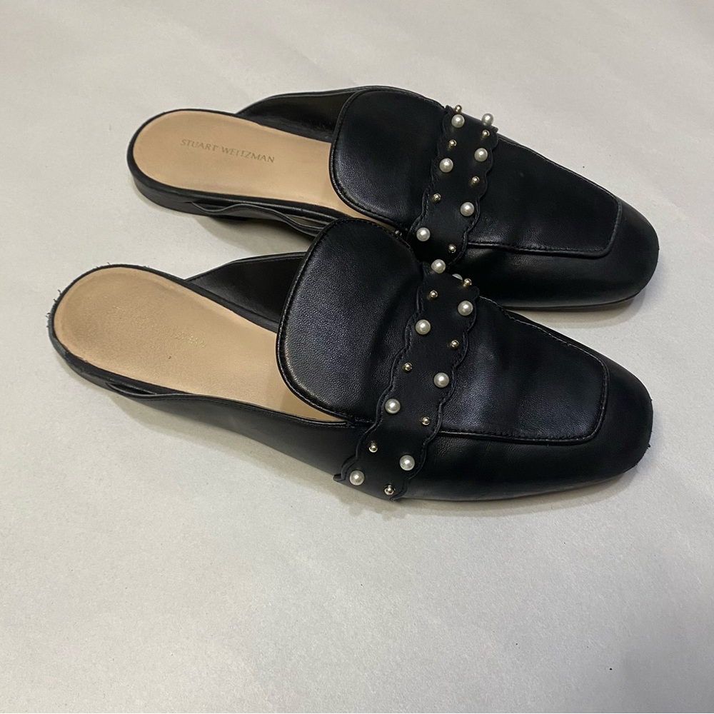 Stuart Weitzman Women’s Mules Flats Shoe Size 9.5B Leather Beaded Studded Luxury